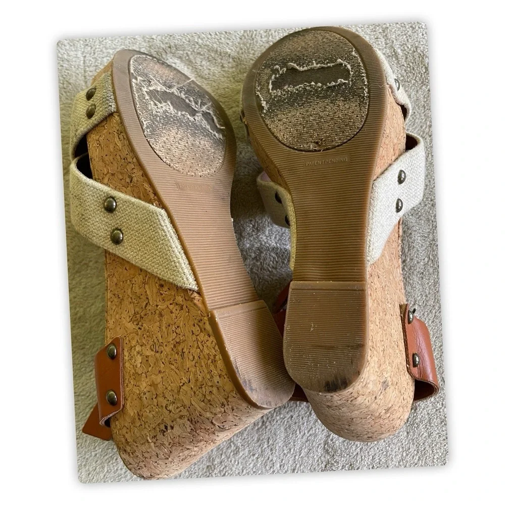 Lucky Brand Marla Cork Wedge Sandals Beige Tan Shoes Elastic Back Size 9.5Medium